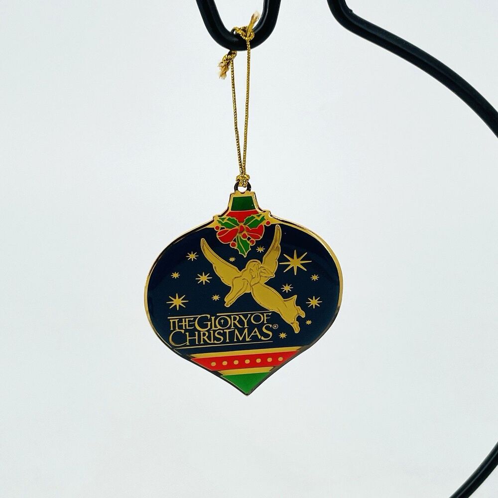 Vintage The Glory of Christmas Enamel Metal Angel Ornament Gold Tone Blue 3"